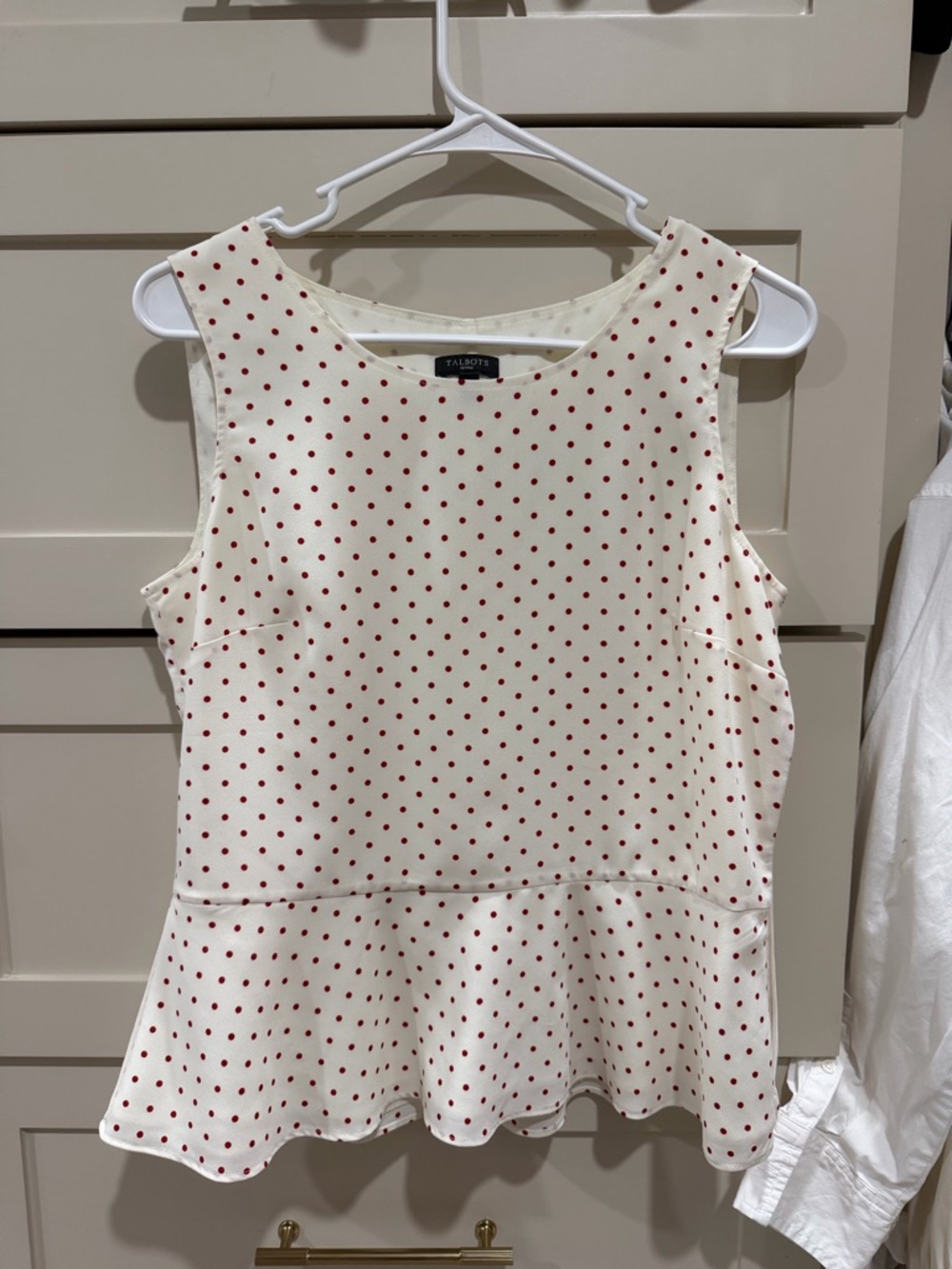 Talbots Cream Sleeveless Peplum Top with Red Polka Print